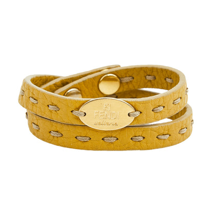 Fendi Yellow Selleria Leather Gold Tone Metal Double Wrap Bracelet