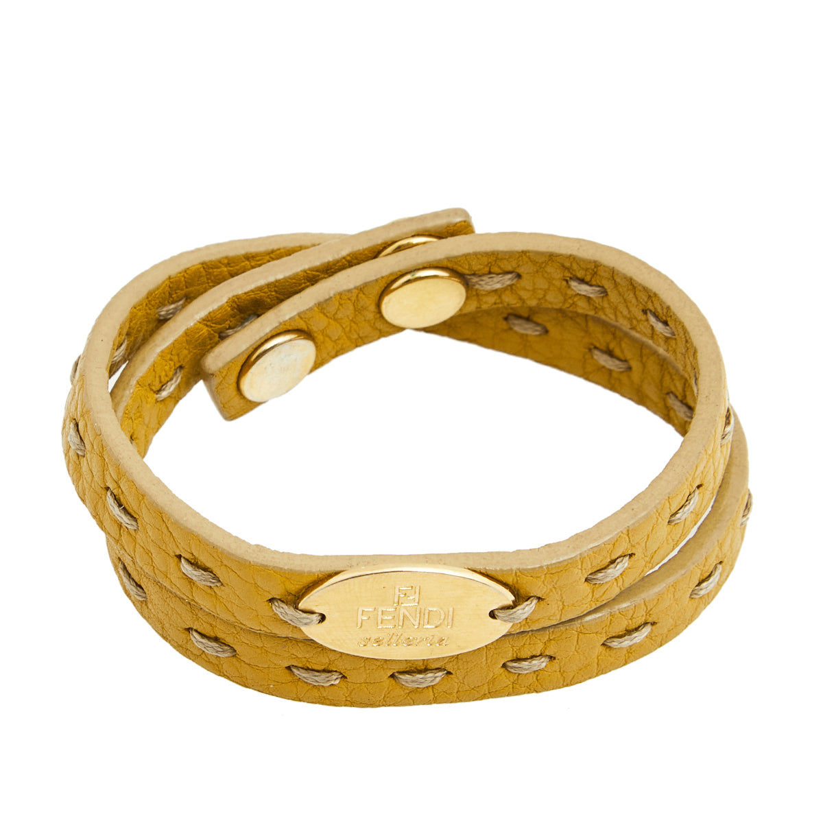 Fendi Yellow Selleria Leather Gold Tone Metal Double Wrap Bracelet