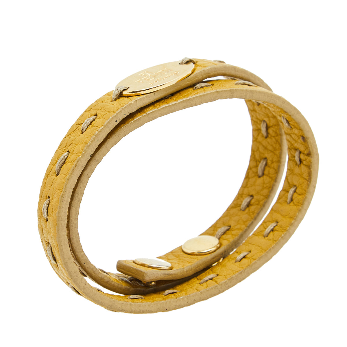 Fendi Yellow Selleria Leather Gold Tone Metal Double Wrap Bracelet