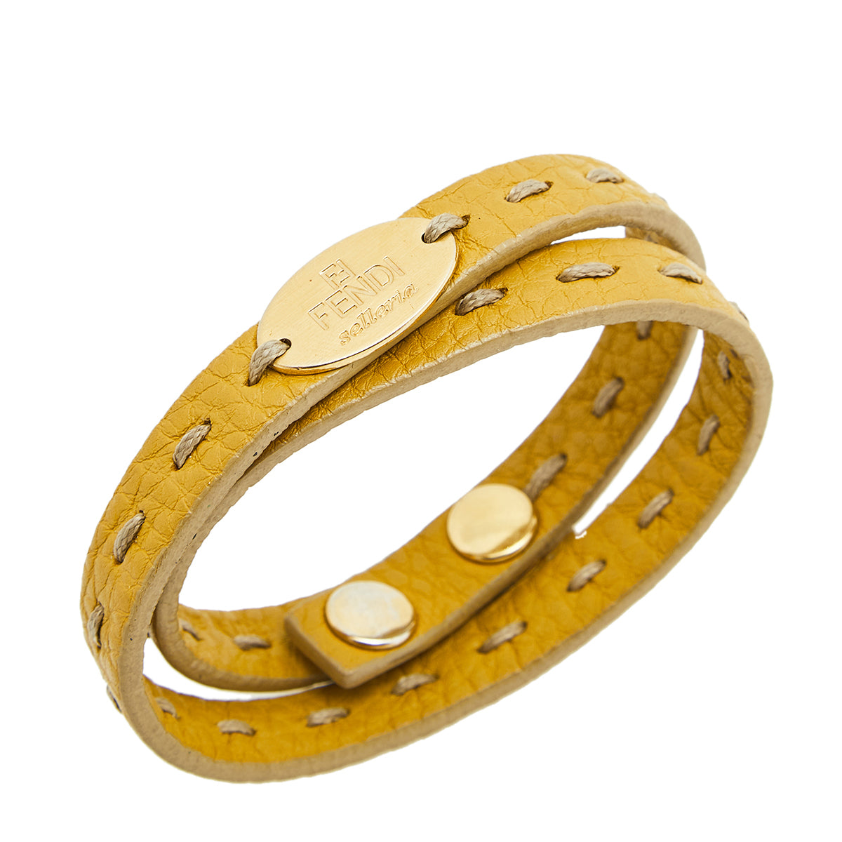 Fendi Yellow Selleria Leather Gold Tone Metal Double Wrap Bracelet