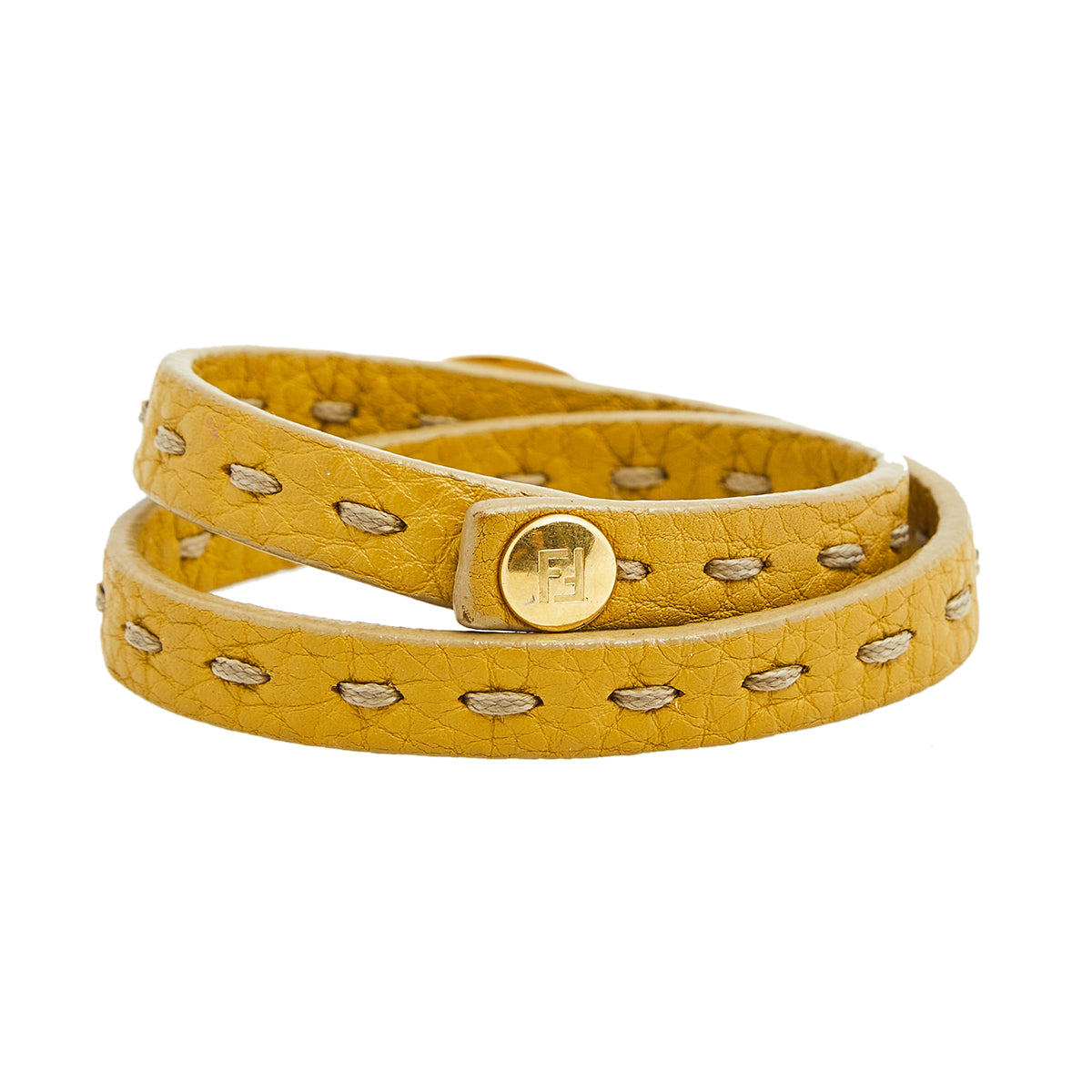 Fendi Yellow Selleria Leather Gold Tone Metal Double Wrap Bracelet