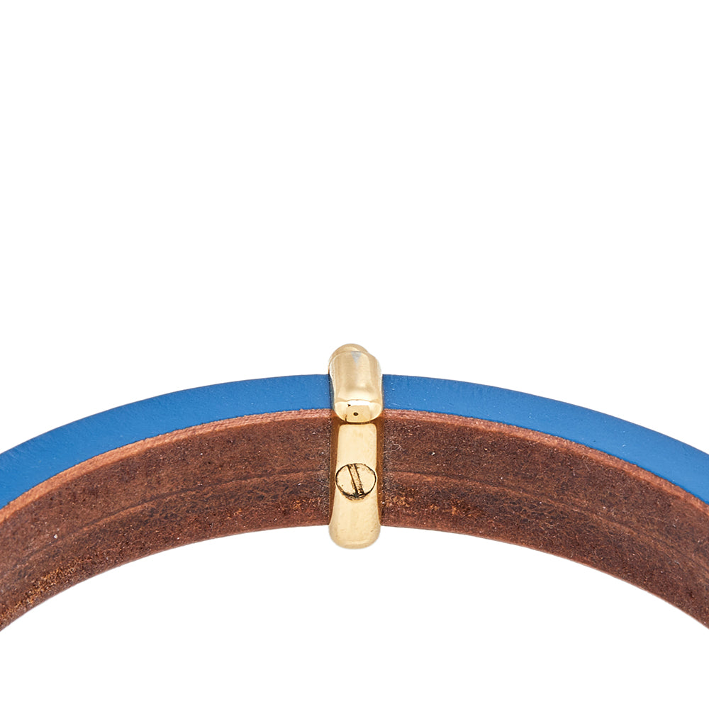 Fendi Wood Leather Gold Tone Metal Navy Blue Bangle Bracelet