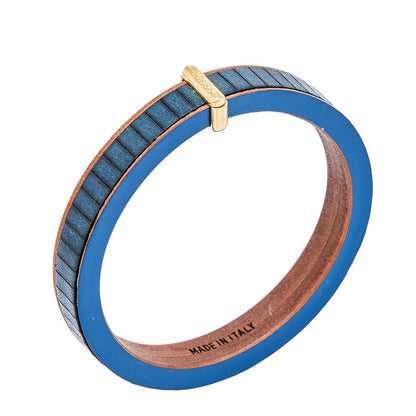 Fendi Wood Leather Gold Tone Metal Navy Blue Bangle Bracelet