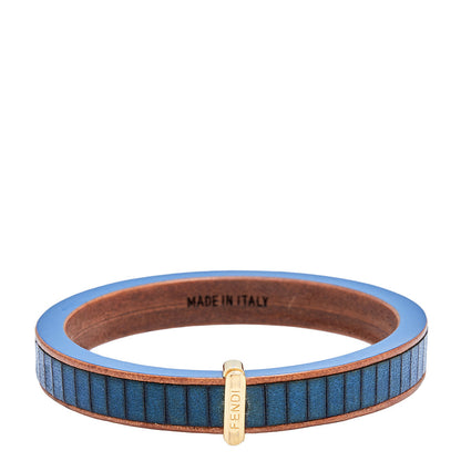 Fendi Wood Leather Gold Tone Metal Navy Blue Bangle Bracelet