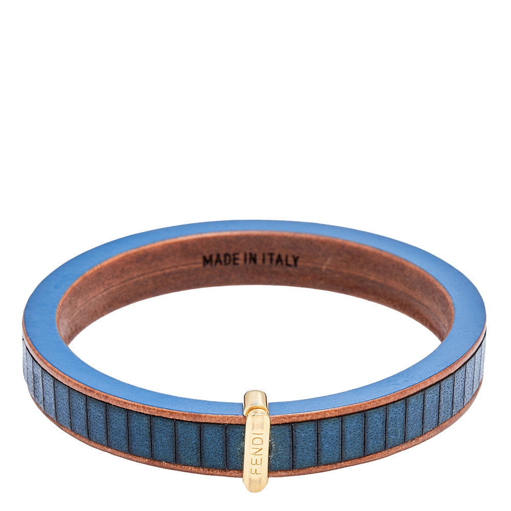 Fendi Wood Leather Gold Tone Metal Navy Blue Bangle Bracelet