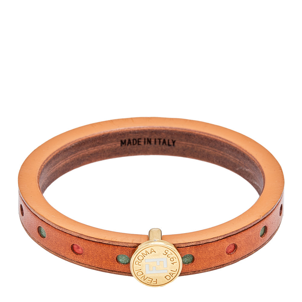 Fendi Wood Leather Multi Color Gold Tone Metal Bangle Bracelet