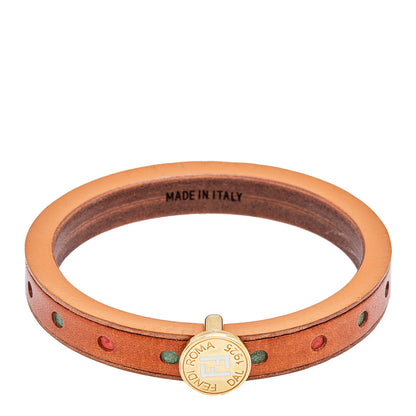 Fendi Wood Leather Multi Color Gold Tone Metal Bangle Bracelet