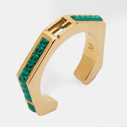 Fendi Gold Tone & Green Crystal Studded Baguette Ring Size 54