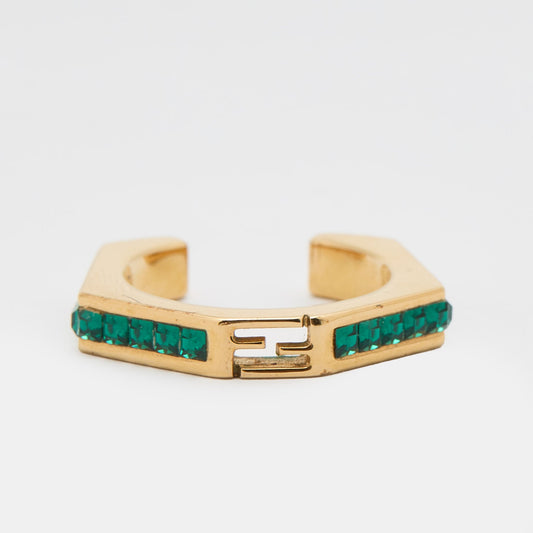 Fendi Gold Tone & Green Crystal Studded Baguette Ring Size 54