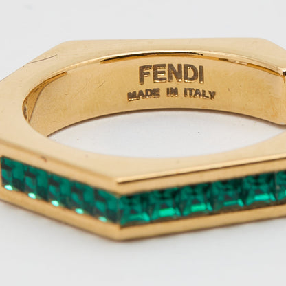 Fendi Gold Tone & Green Crystal Studded Baguette Ring Size 54