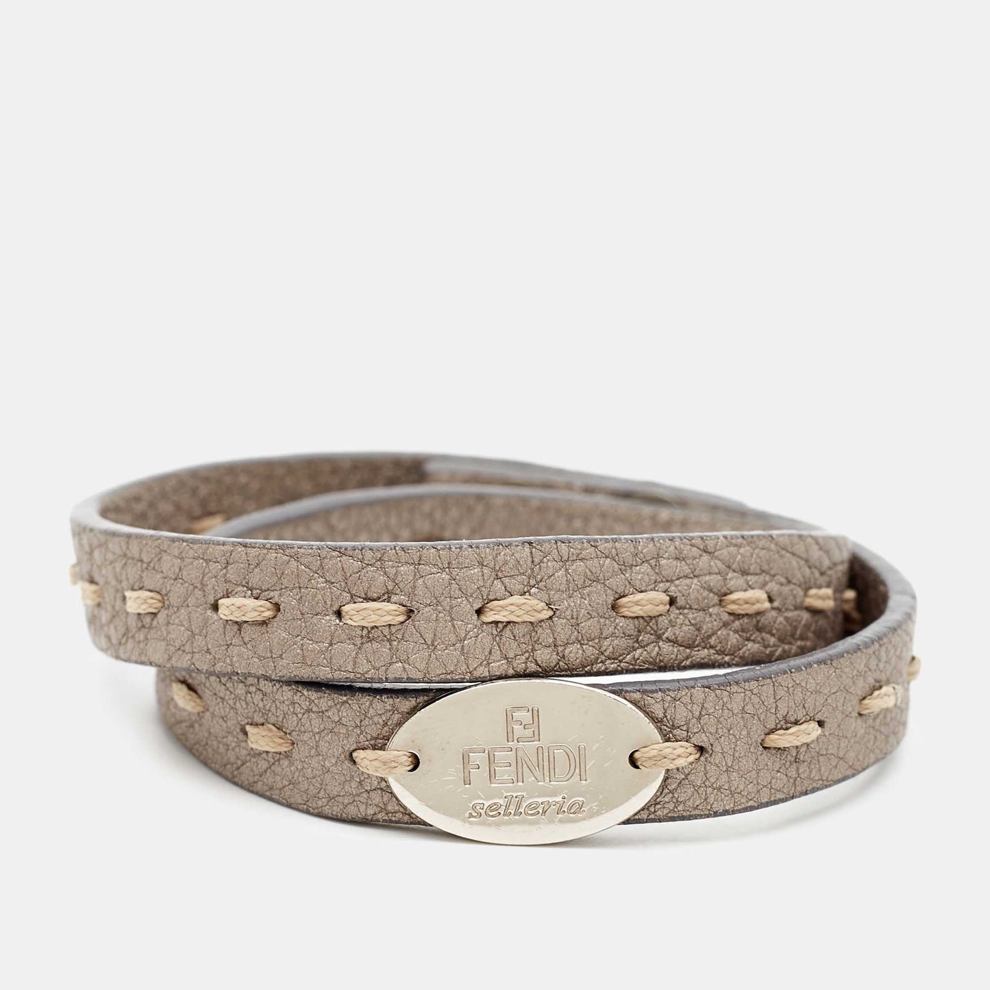 FENDI Selleria Leather Silver Tone Double Wrap Bracelet