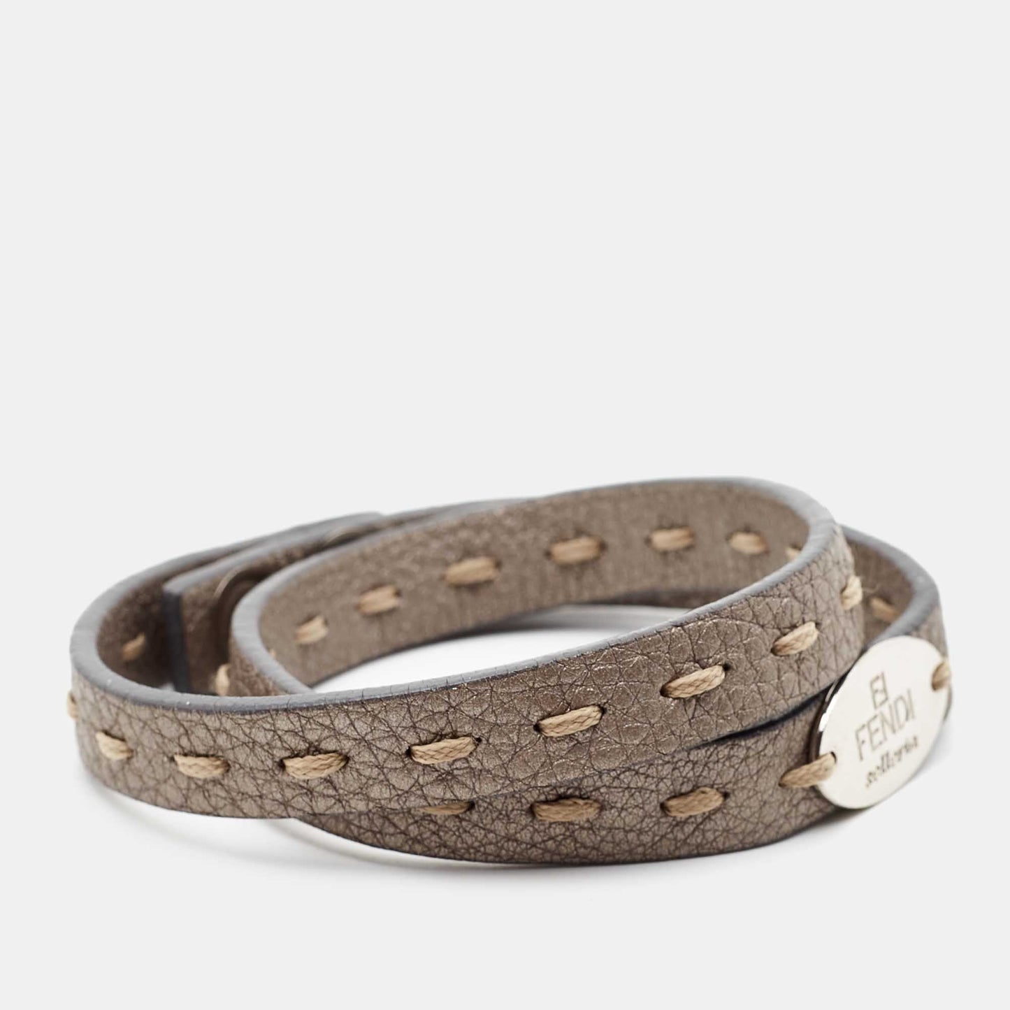 FENDI Selleria Leather Silver Tone Double Wrap Bracelet