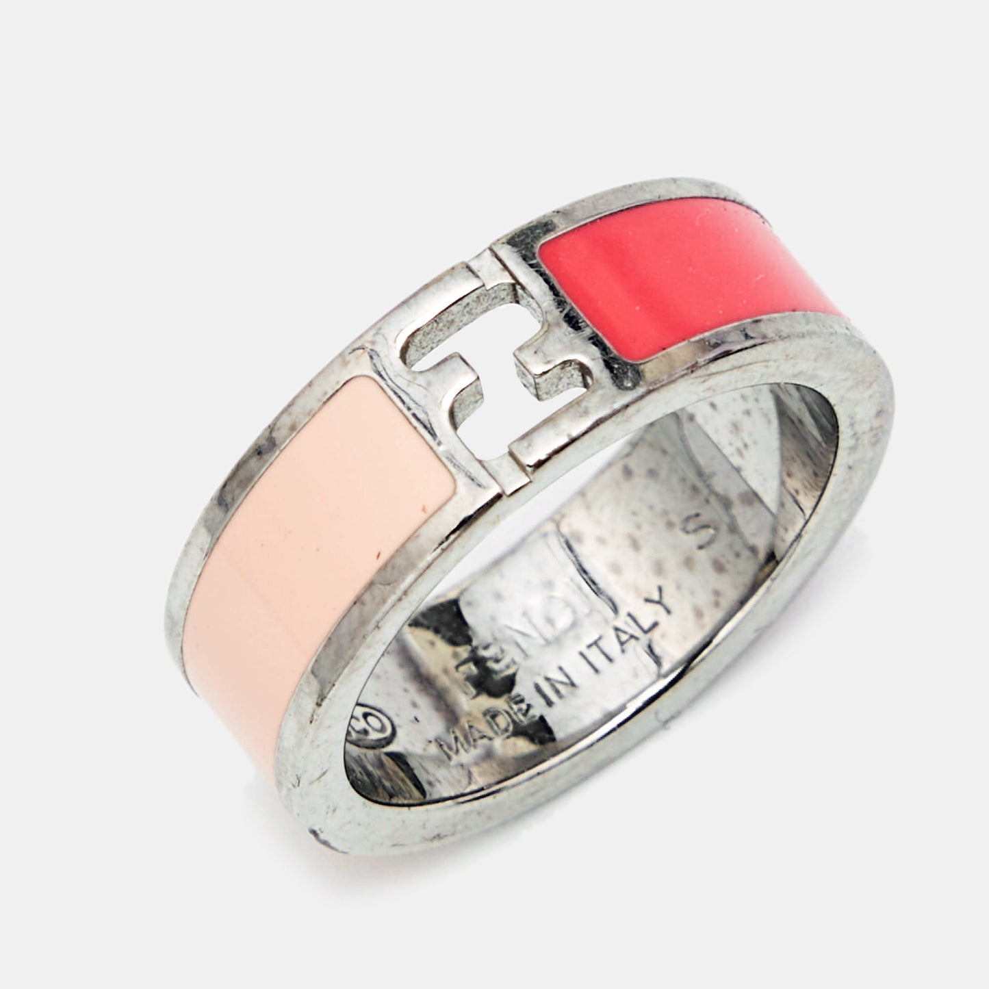 FENDI sta Bicolor Enamel Silver Tone Ring Size 51