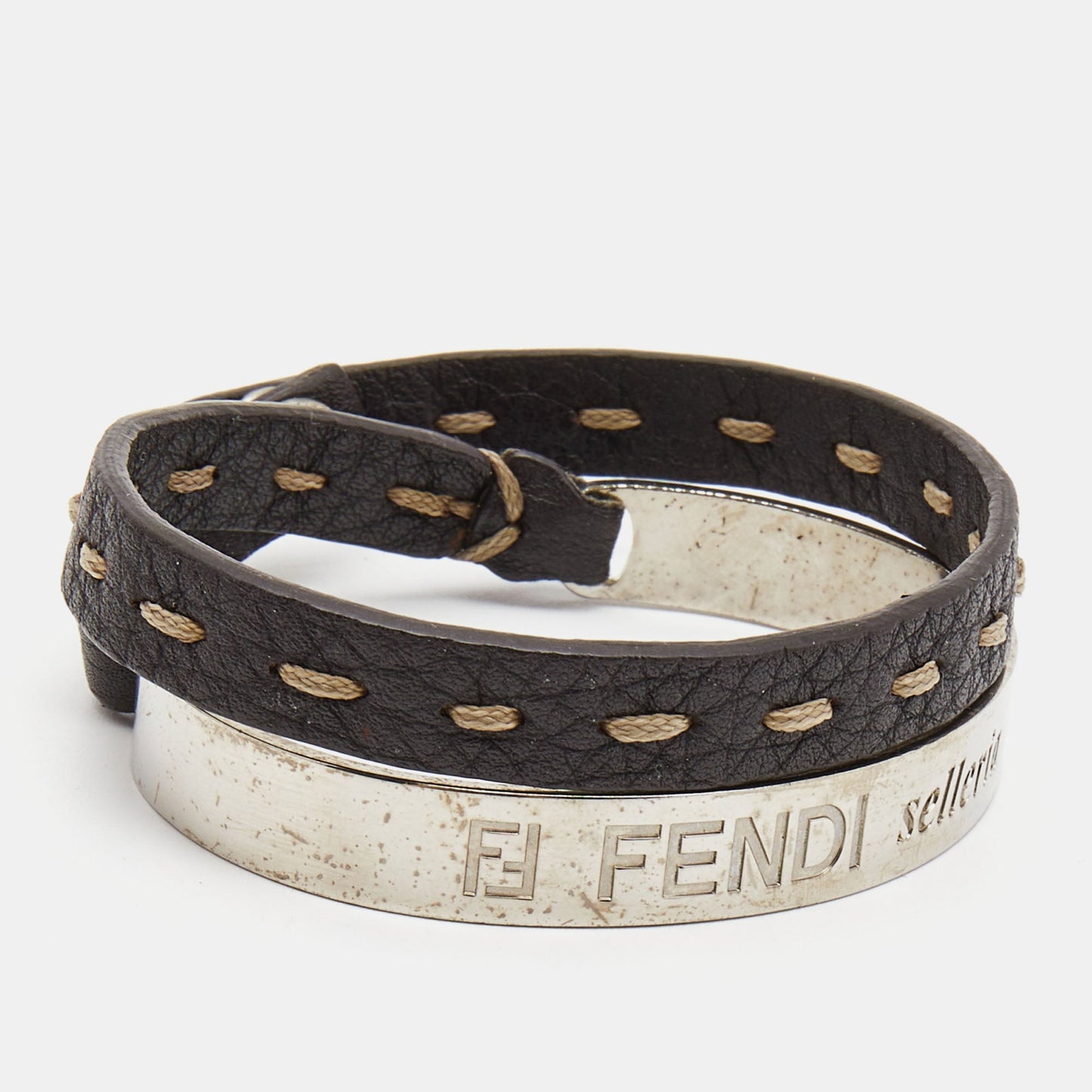 FENDI Selleria Silver Tone Cuff & Metallic Leather Double Wrap Bracelet