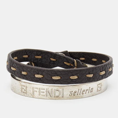 FENDI Selleria Silver Tone Cuff & Metallic Leather Double Wrap Bracelet