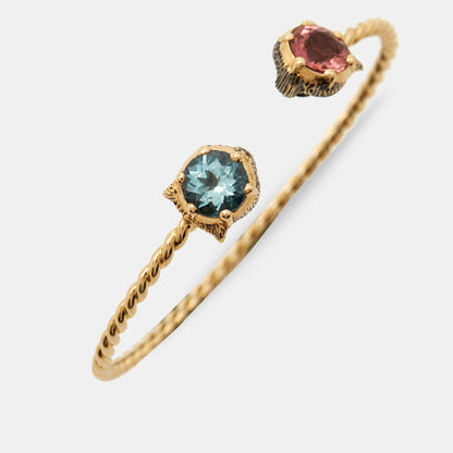 GUCCI Marche des Merveilles Feline Diamond Aquamarine Pink Tourmaline 18K Yellow Gold Cuff Bracelet 16