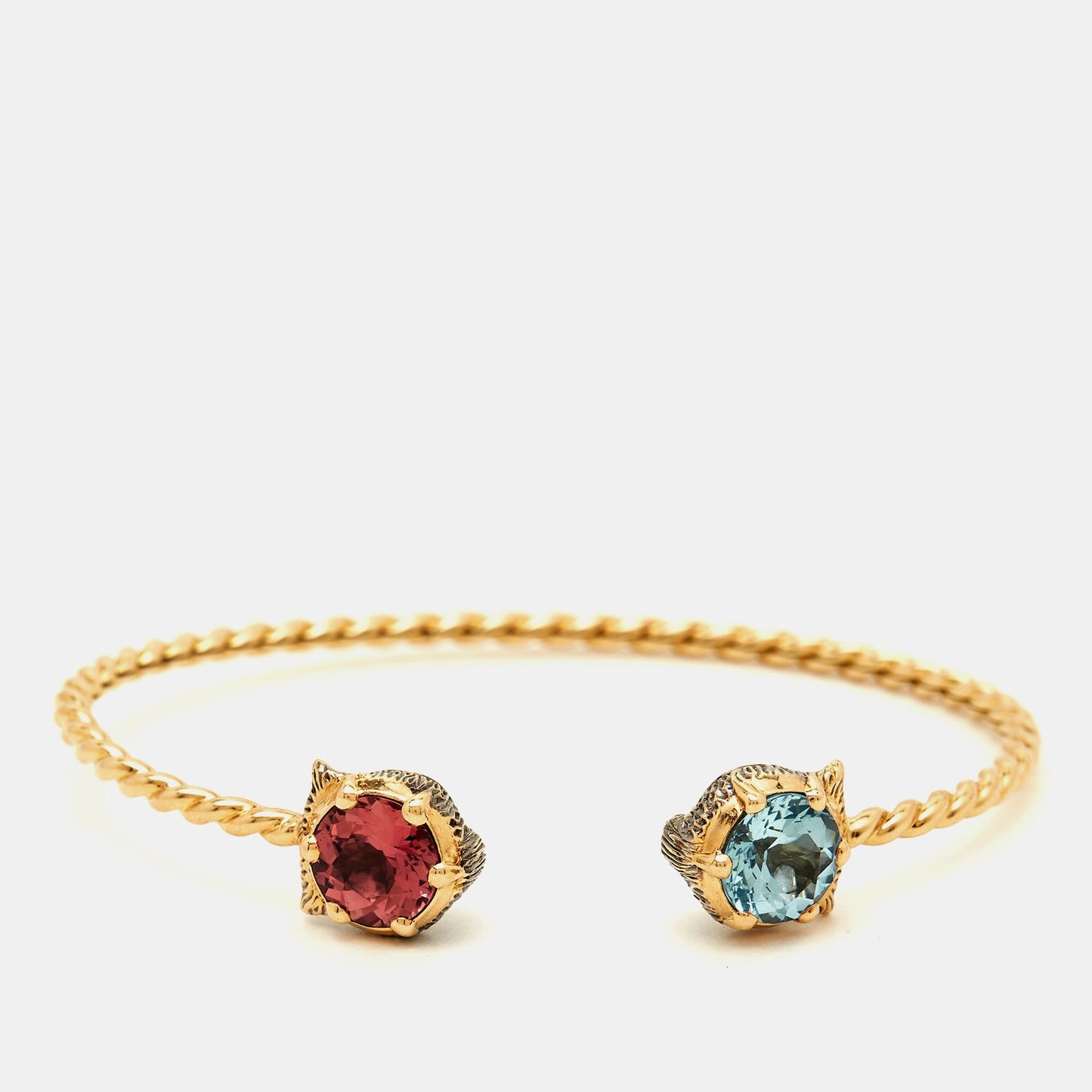 GUCCI Marche des Merveilles Feline Diamond Aquamarine Pink Tourmaline 18K Yellow Gold Cuff Bracelet 16