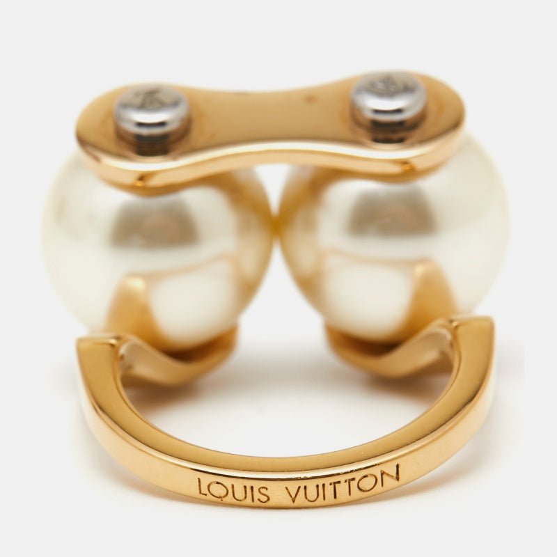 Louis Vuitton Speedy Faux Pearls Gold Tone Metal Ring Size 53