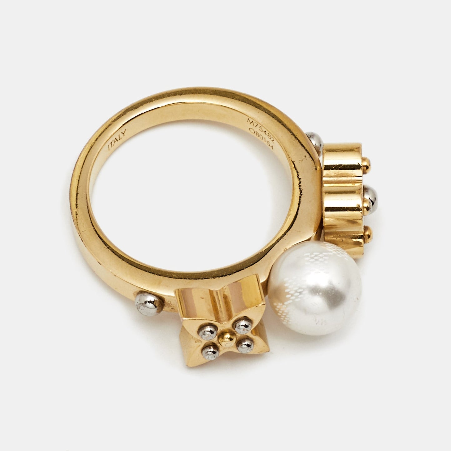 Louis Vuitton Gold Tone Faux Pearl Monogram Ring M