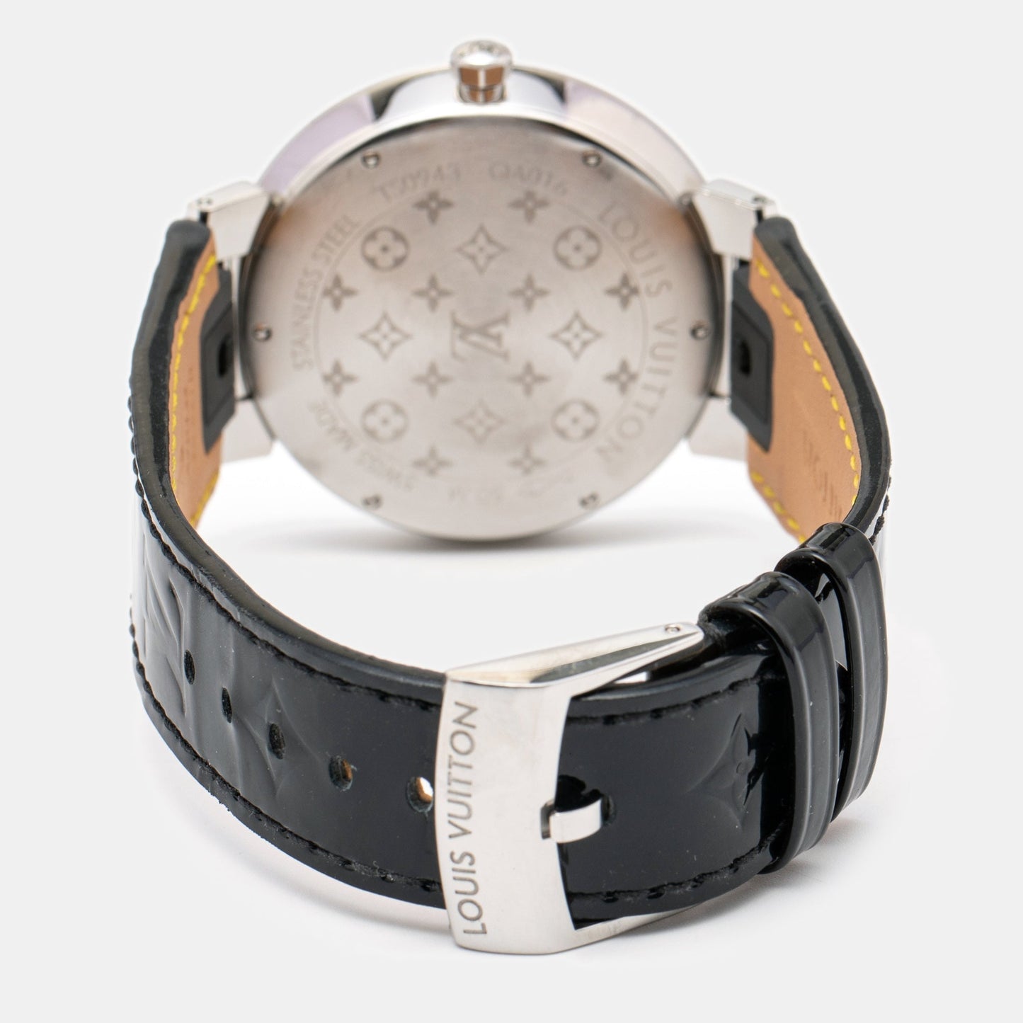 Louis Vuitton Silver Stainless Steel Patent Leather Tambour QA016 Women's Wristwatch 39 mm