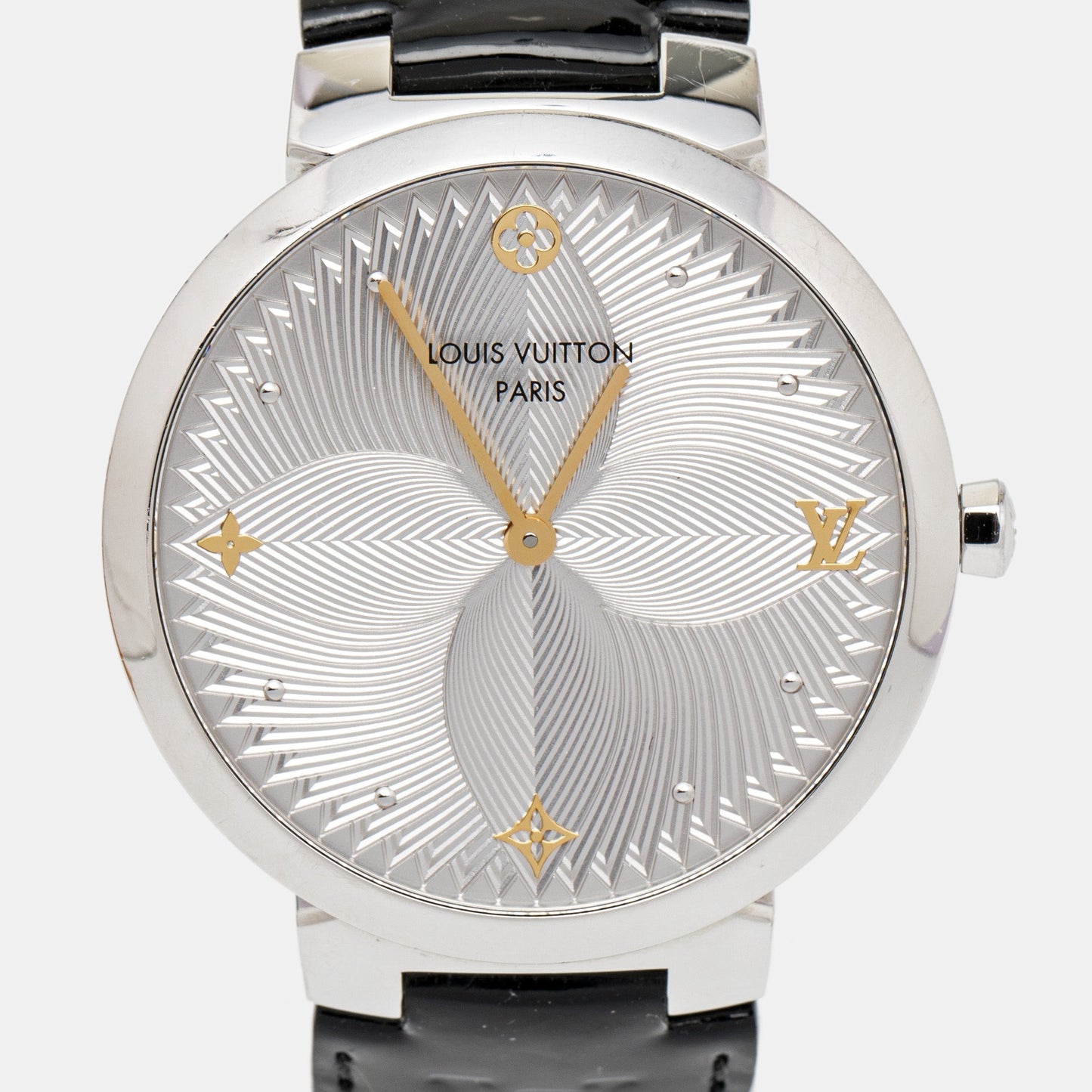 Louis Vuitton Silver Stainless Steel Patent Leather Tambour QA016 Women's Wristwatch 39 mm