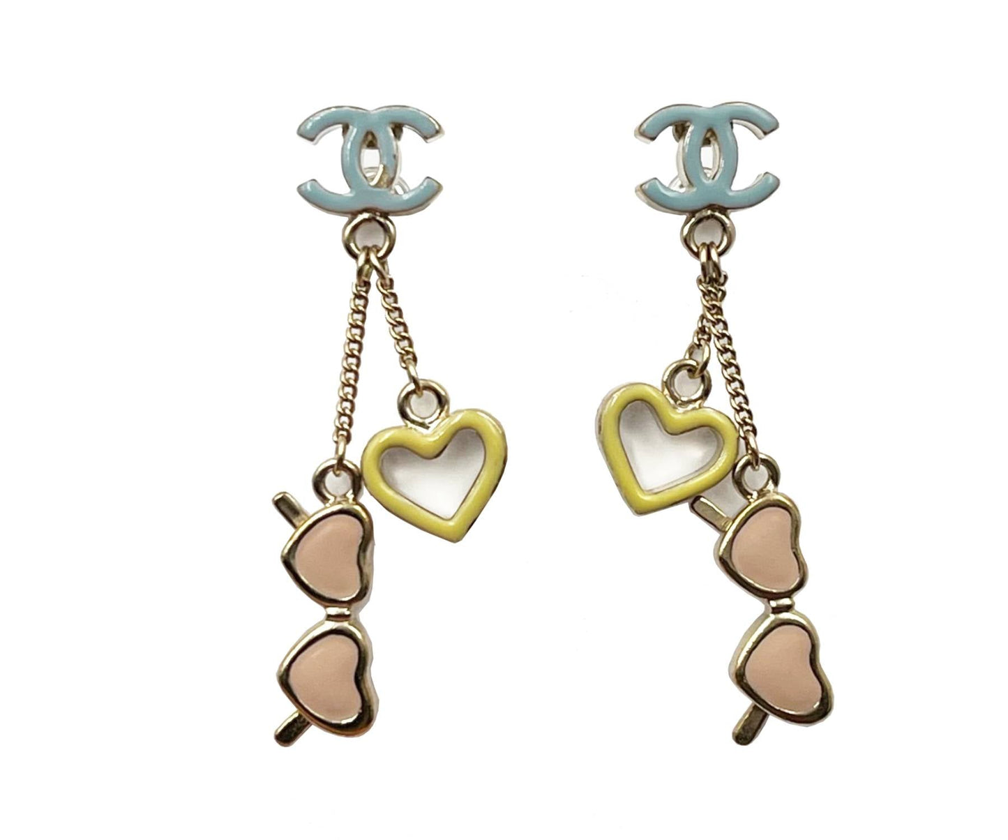 CHANEL Gold Pastel Blue CC Yellow Heart Pink Sunglasses Dangling Earrings