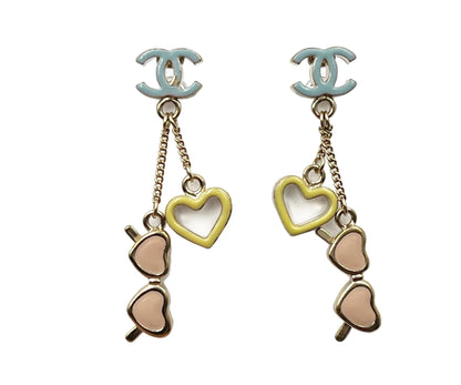 CHANEL Gold Pastel Blue CC Yellow Heart Pink Sunglasses Dangling Earrings