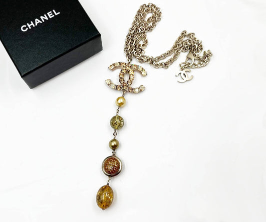 CHANEL Rare Gold CC Shiny Gold Crystal Pearl Bead Long Dangle Pendant Necklace