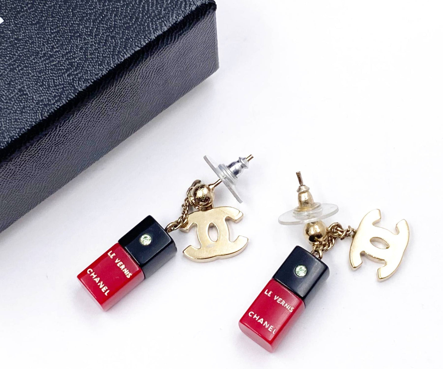 CHANEL Vintage Rare Gold CC Red Nail Polish Piercing Earrings