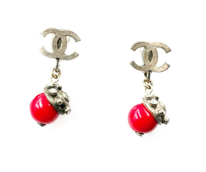 CHANEL Rustic Silver CC Red Bead Dangle Clip on Earrings