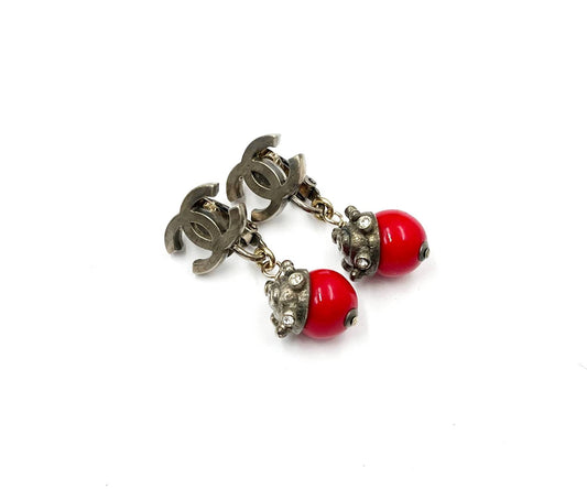 CHANEL Rustic Silver CC Red Bead Dangle Clip on Earrings