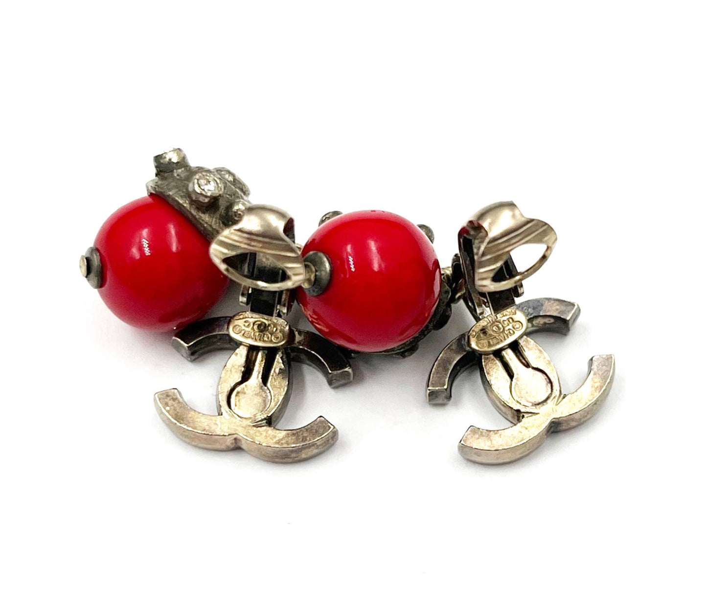 CHANEL Rustic Silver CC Red Bead Dangle Clip on Earrings