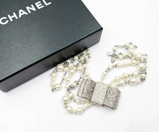 CHANEL Rare Silver Large Bow Crystal 3 Strand Pearl Necklace