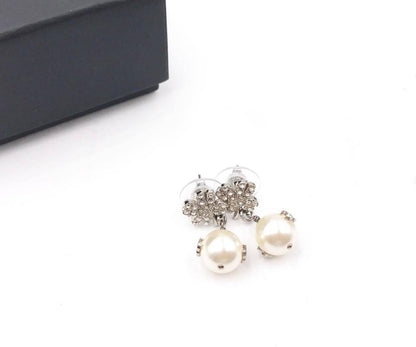 CHANEL Silver Camellia Crystal CC Pearl Dangle Piercing Earrings