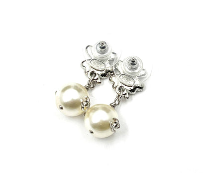 CHANEL Silver Camellia Crystal CC Pearl Dangle Piercing Earrings