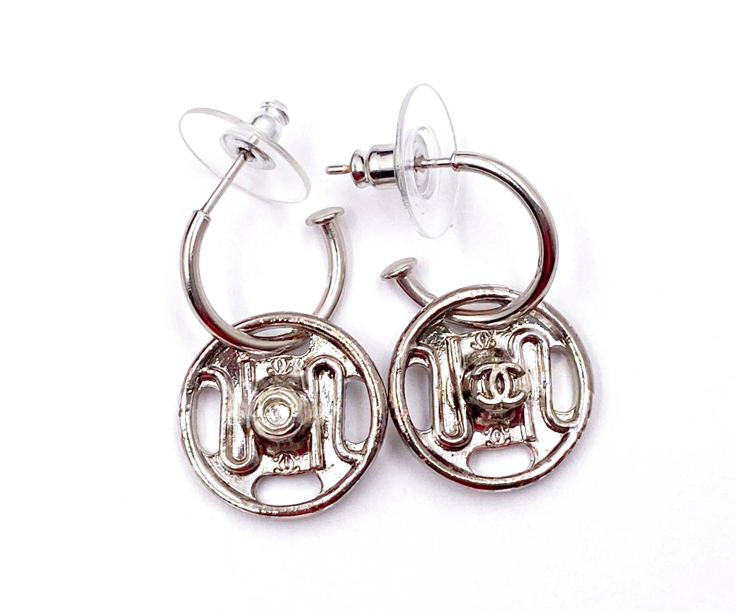 CHANEL Silver CC Big Snap Hoop Piercing Earrings