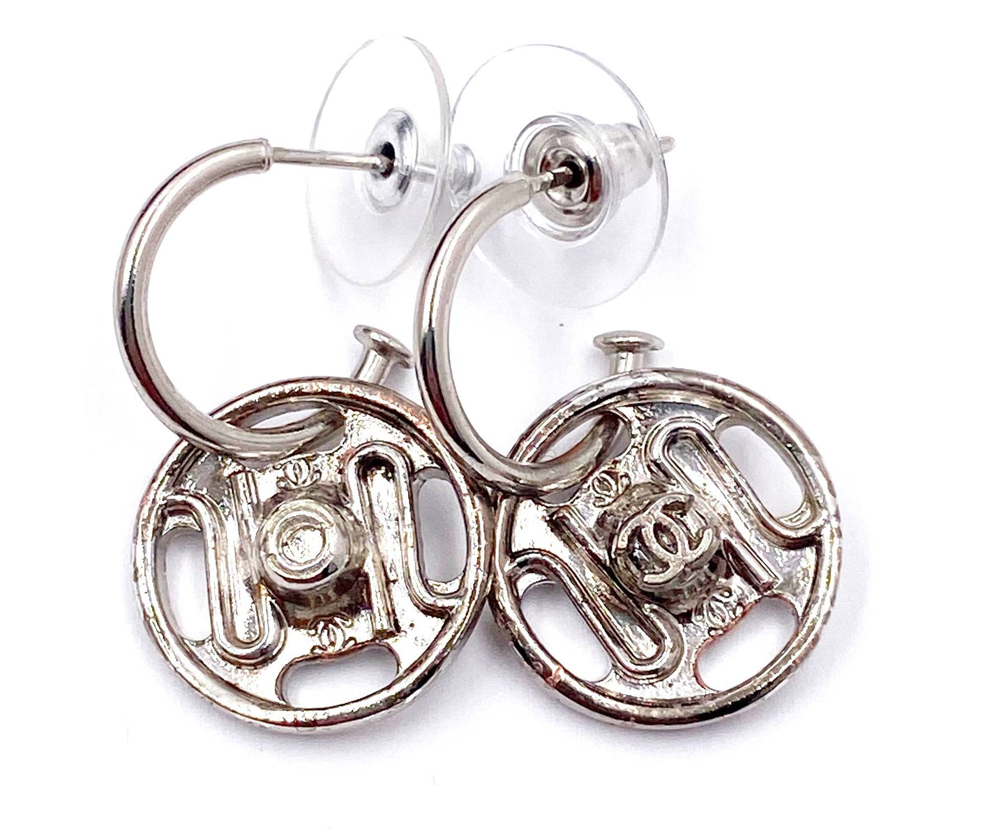 CHANEL Silver CC Big Snap Hoop Piercing Earrings