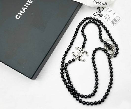 CHANEL Brand New Silver CC Black Crystal Geo Black Bead Necklace