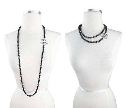 CHANEL Brand New Silver CC Black Crystal Geo Black Bead Necklace