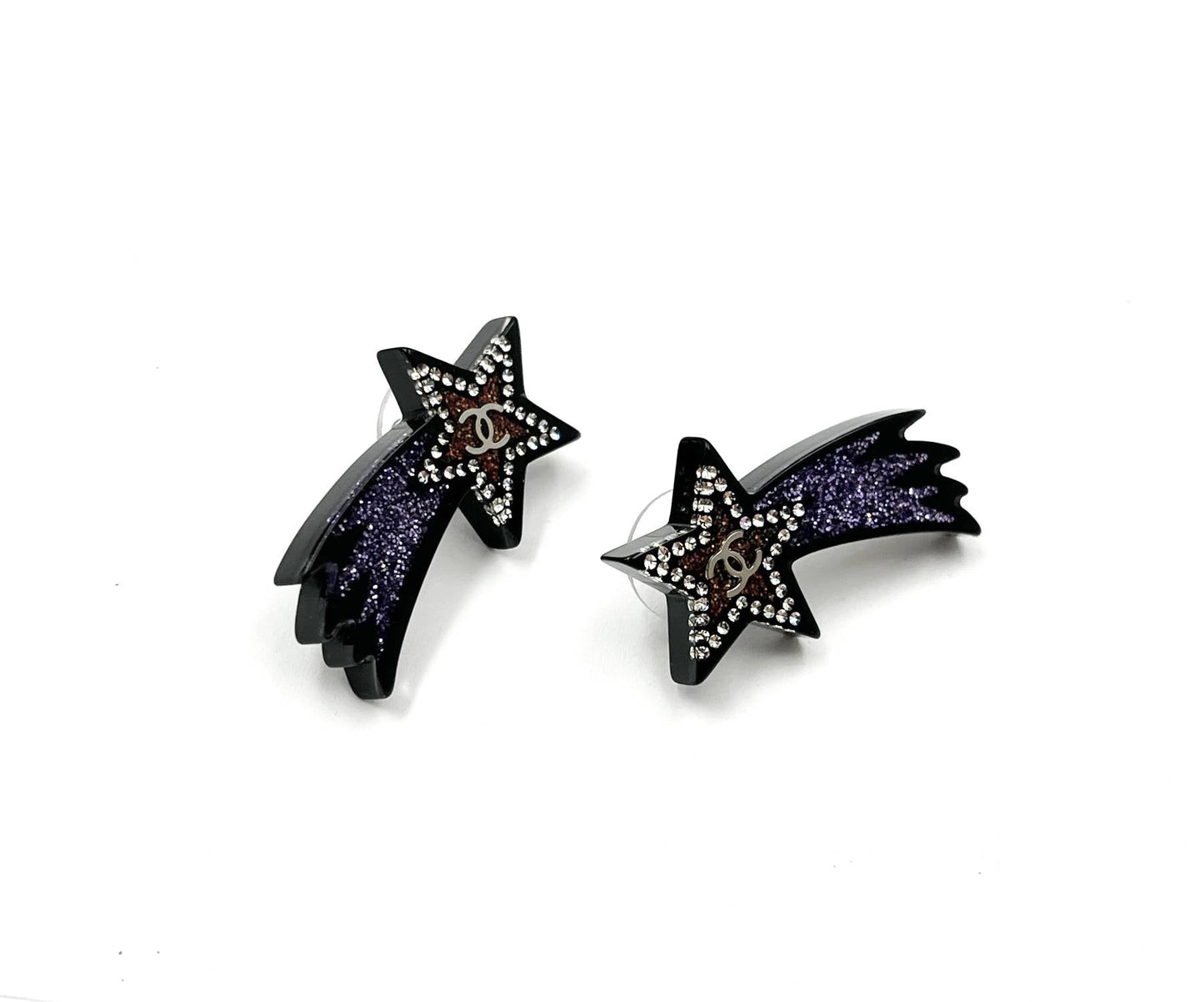 CHANEL Silver CC Black Purple Glitter Shooting Star Piercing Earrings