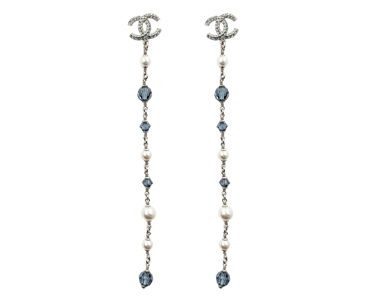 CHANEL Brand New Silver CC Blue Princess Crystal Pearl Super Long Earrings