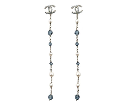 CHANEL Brand New Silver CC Blue Princess Crystal Pearl Super Long Earrings