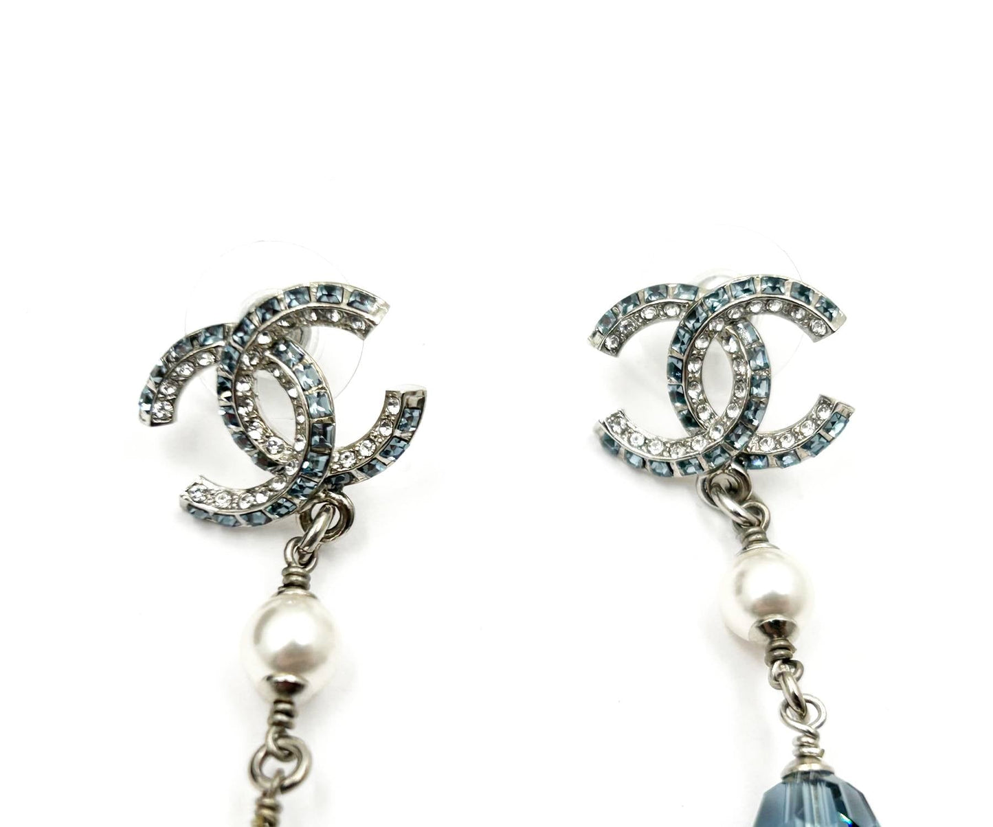 CHANEL Brand New Silver CC Blue Princess Crystal Pearl Super Long Earrings