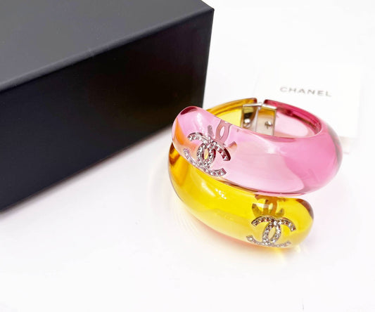 CHANEL Silver CC Crystal Red Yellow Gummy Cuff Bracelet