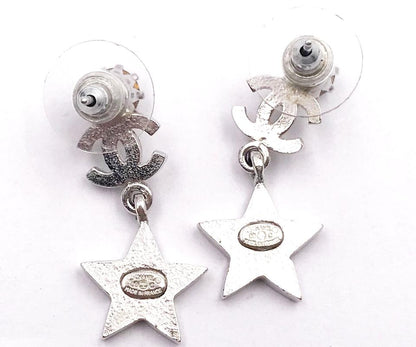 CHANEL Silver CC Crystal Star Dangle Piercing Earrings