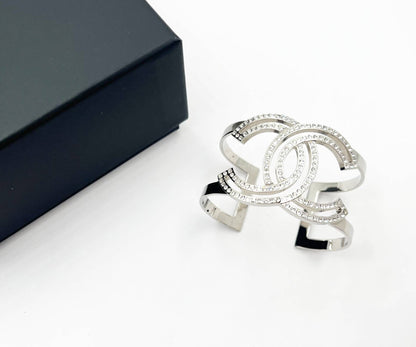 CHANEL Classic Silver CC Square Round Crystal Cutout Double Cuff Bracelet