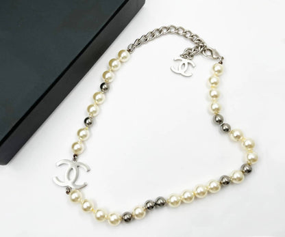 CHANEL Silver CC Grey Bead Pearl Short Necklace