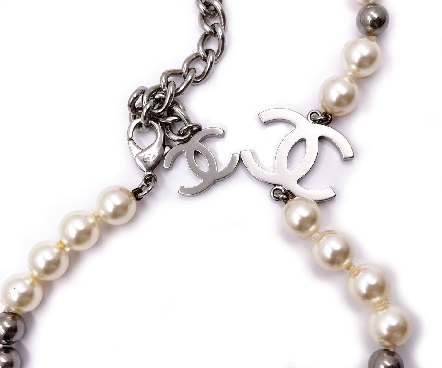 CHANEL Silver CC Grey Bead Pearl Short Necklace