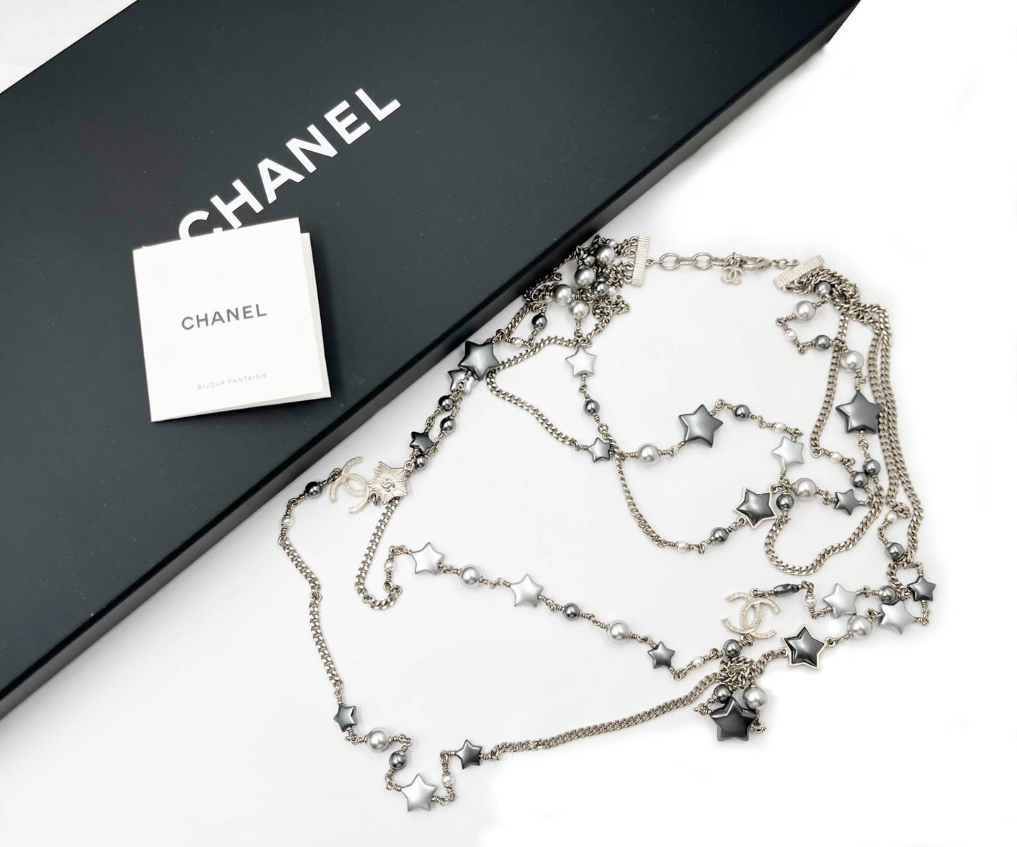 CHANEL Silver CC Grey Stars 4 Strand Chain Necklace