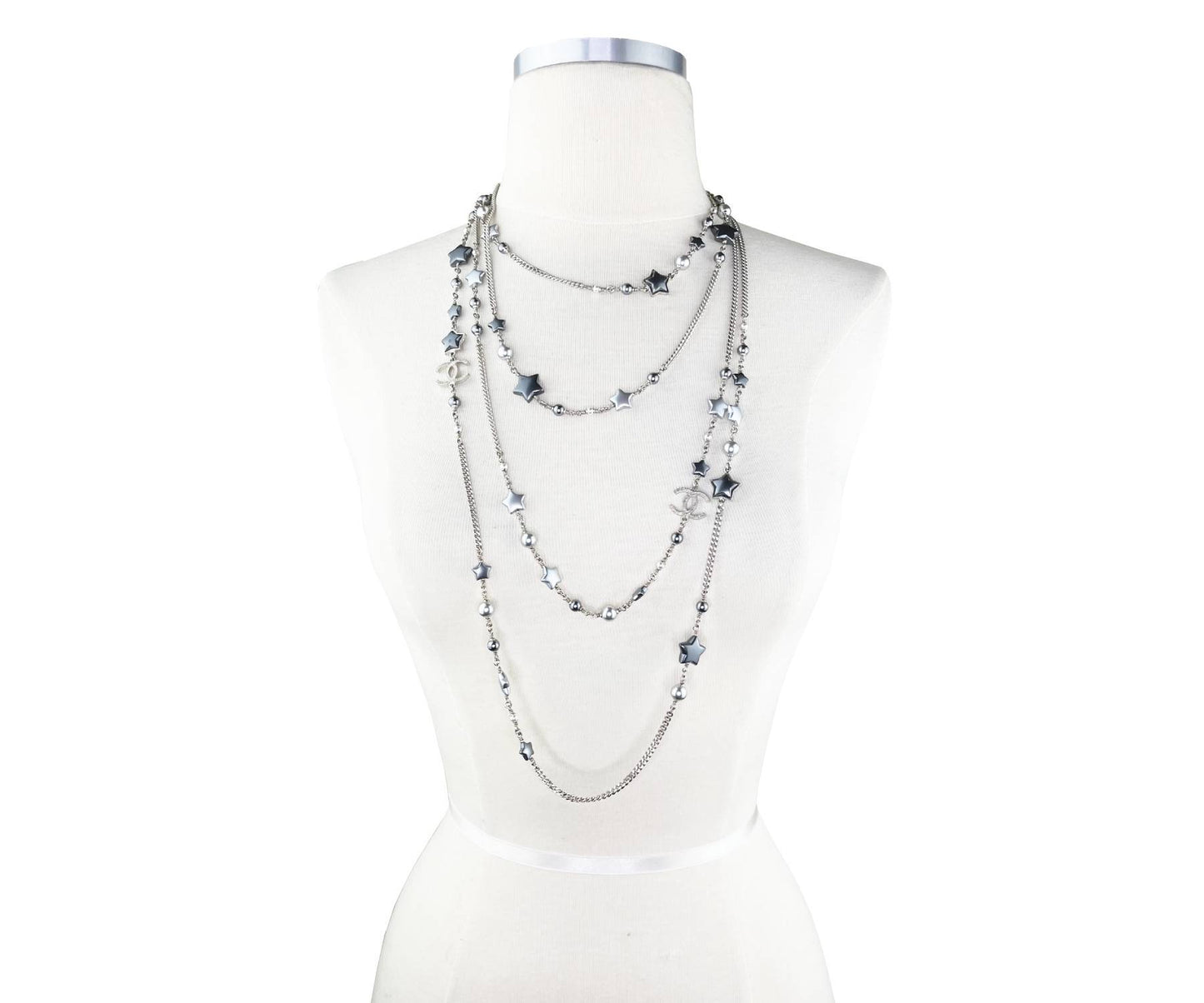 CHANEL Silver CC Grey Stars 4 Strand Chain Necklace